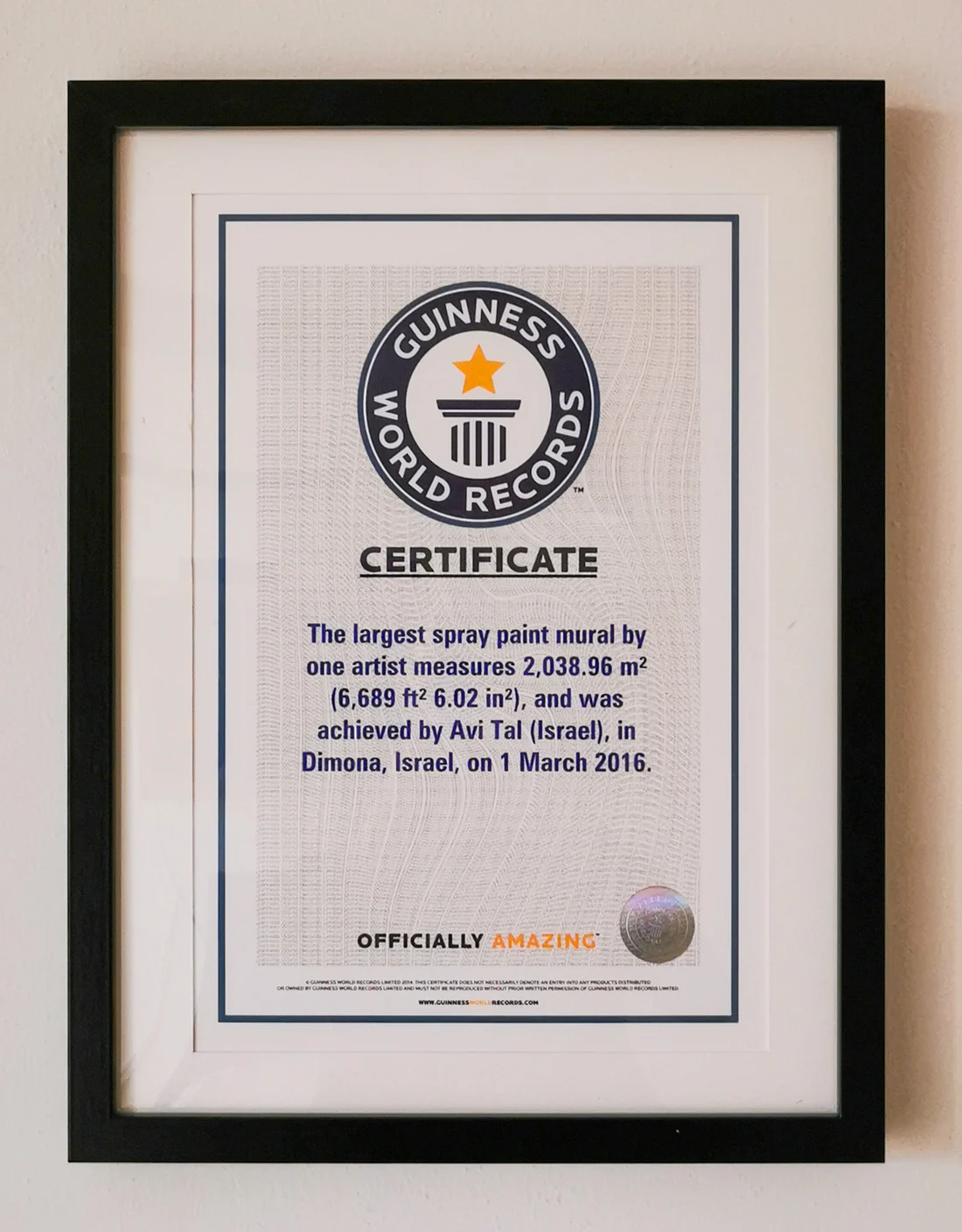 Guinness World Records certificate awarded to Avi Tal for the largest spray paint mural by one artist, 2,038.96 m², Dimona, Israel, 1 March 2016